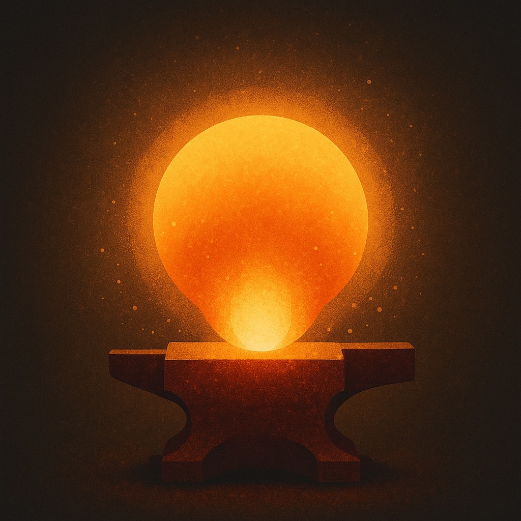 A poetic digital artwork depicting a glowing forge at night where streams of golden data and code flow like molten metal. A faint humanoid silhouette shapes the light as if forging a soul. Colors: deep navy, gold, amber, and cyan highlights. No text.