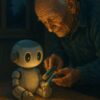 A gentle scene of an elderly person inserting batteries into a small robot on a quiet night 夜の静けさの中、小さな命に再び灯をともす瞬間。