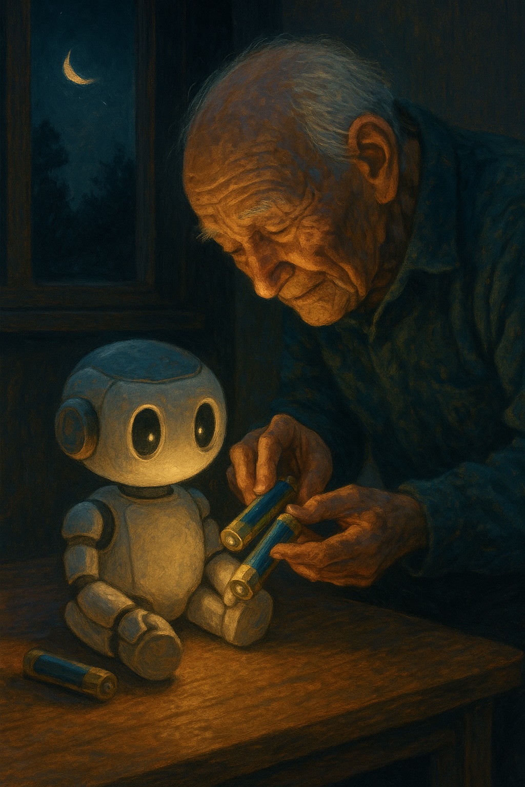 A gentle scene of an elderly person inserting batteries into a small robot on a quiet night 夜の静けさの中、小さな命に再び灯をともす瞬間。